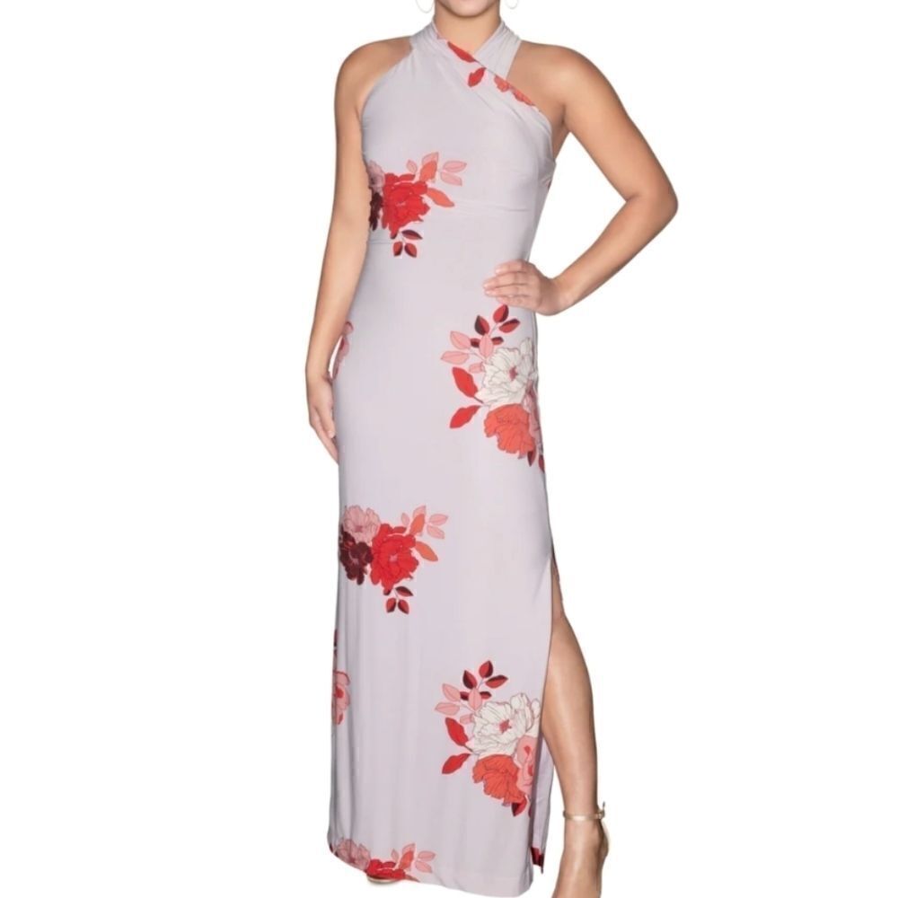Rachel Roy lilac floral maxi gown crossover halter top sz small nwt